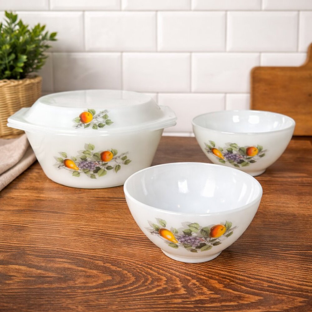Vintage Arcopal France Fruits de France Casserole Dish with Lid & Dessert Bowls